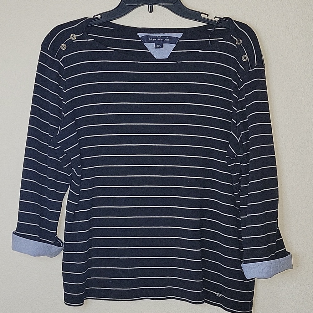 Tommy Hilfiger 3/4 Sleeve Cotton Striped Top/ Shirt, L, Black/ White, GUC